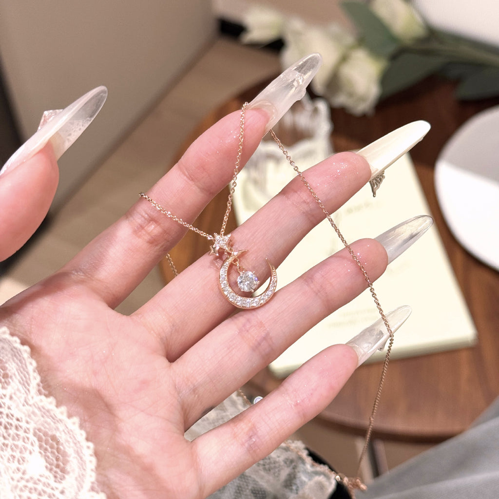 Custom Moon & Star Clavicle Necklace, Large Sparkling Zircon Pendant, Luxury Niche Fashion Jewelry