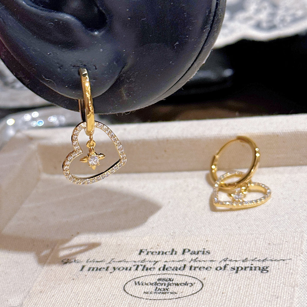 Hollow Heart Four-pointed Star Ear Buckles, 2026 New Sweet Luxury Elegant Noble Style Exquisite Earrings