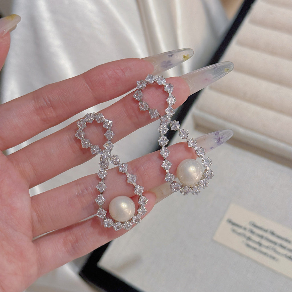Rhombus Zircon Pearl S925 Silver Studs Luxury Rich Lady Women Earrings