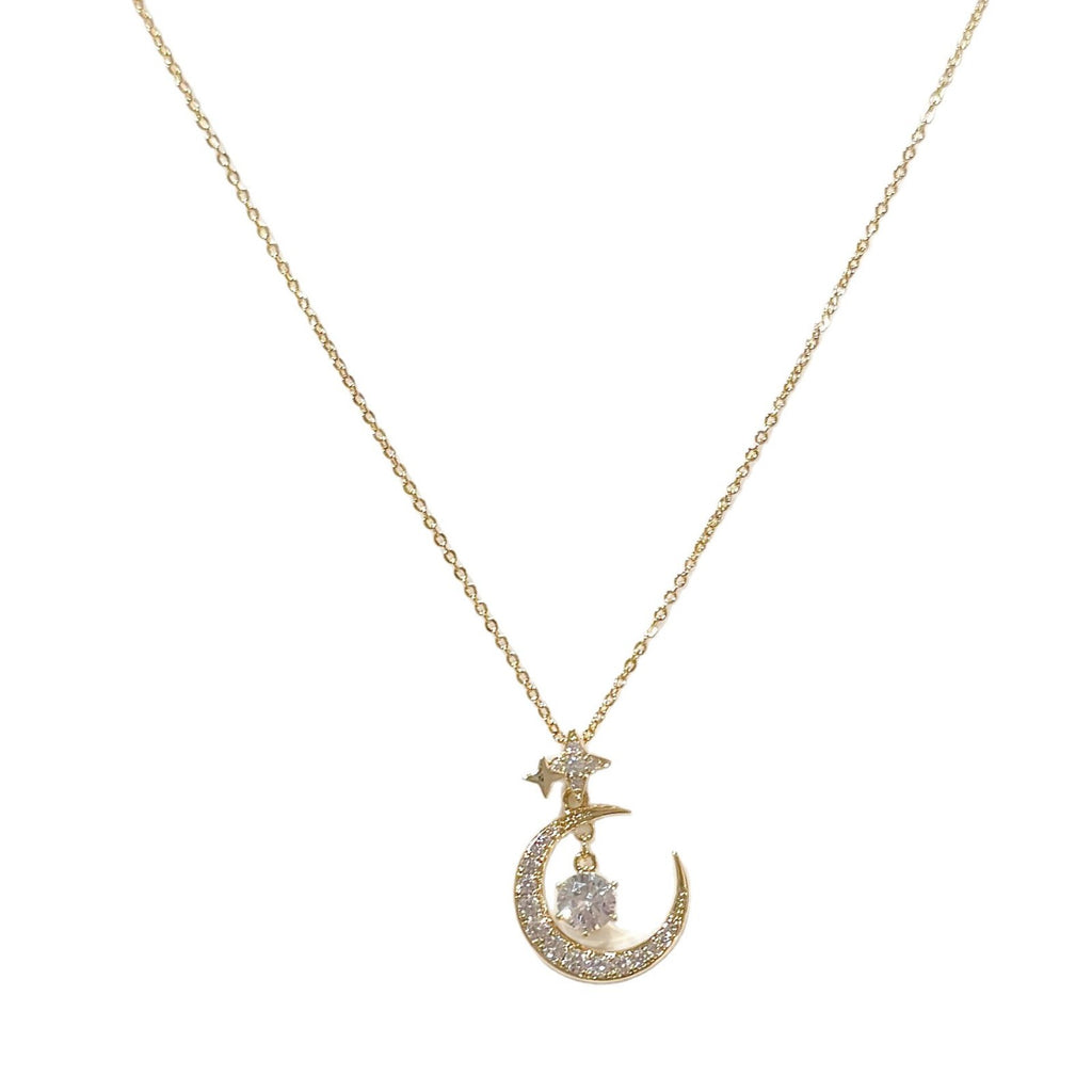 Custom Moon & Star Clavicle Necklace, Large Sparkling Zircon Pendant, Luxury Niche Fashion Jewelry