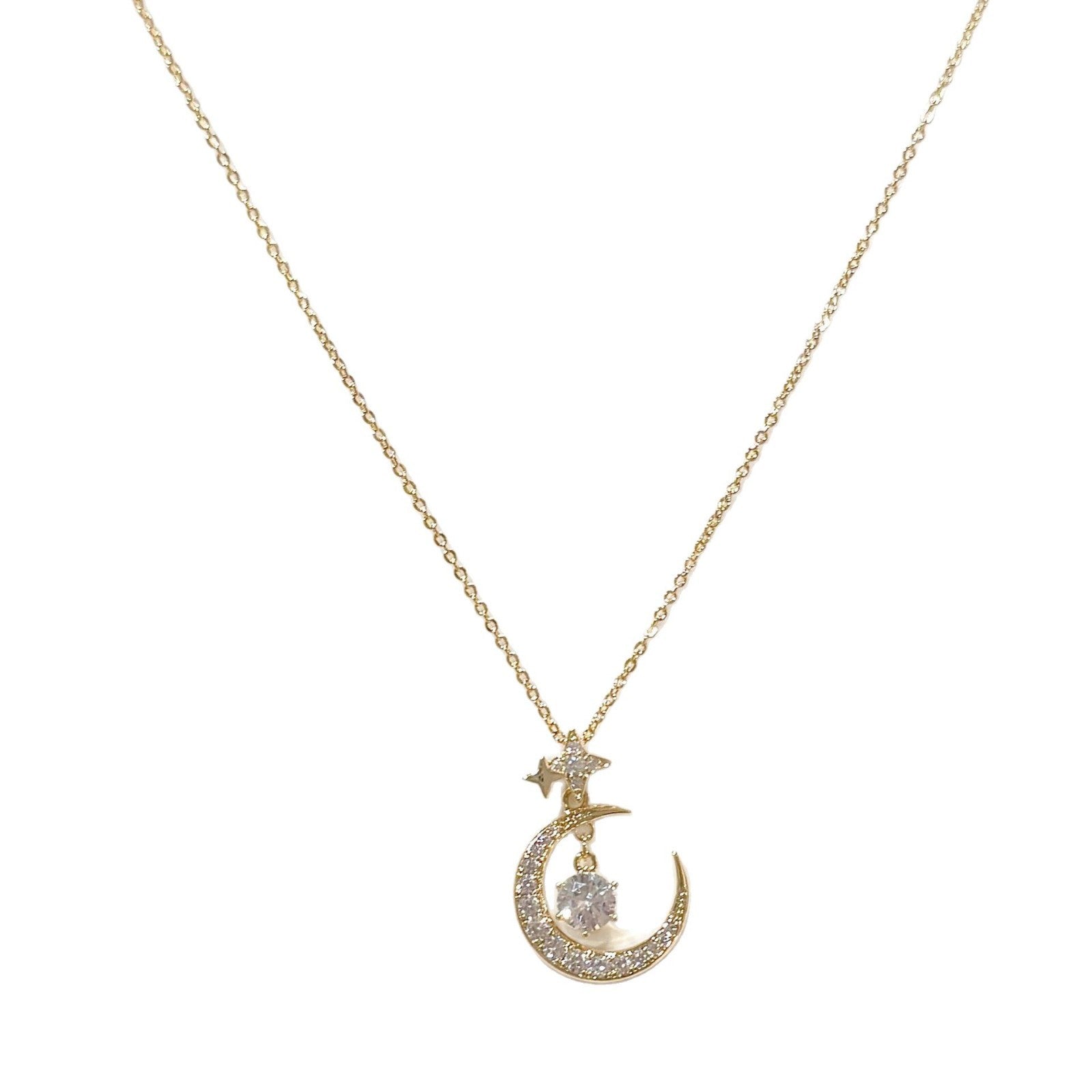 Custom Moon & Star Clavicle Necklace, Large Sparkling Zircon Pendant, Luxury Niche Fashion Jewelry