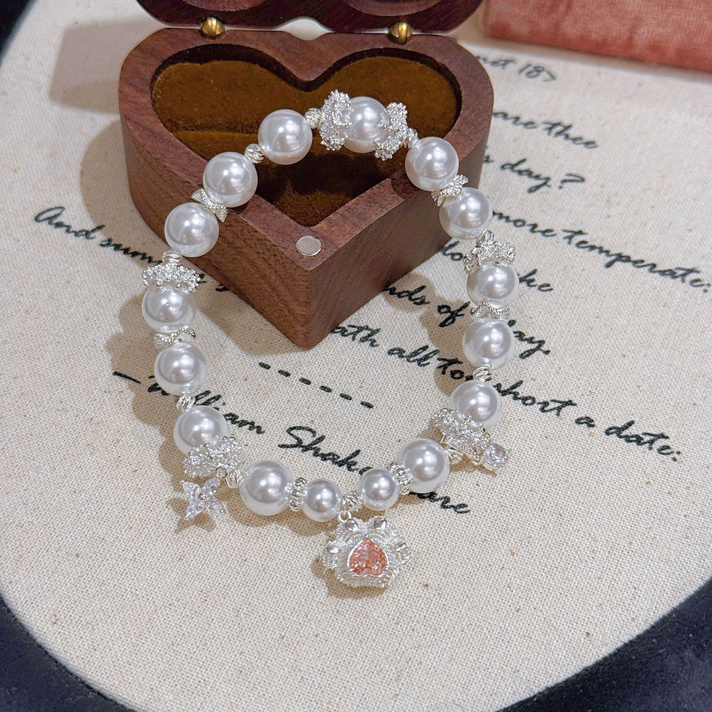 Cat Paw Heart Pearl Bracelet, Luxury Elegant Wrist Jewelry, Sweet Cute Exquisite All-match Fashion Bracelet for Outdoor Wear