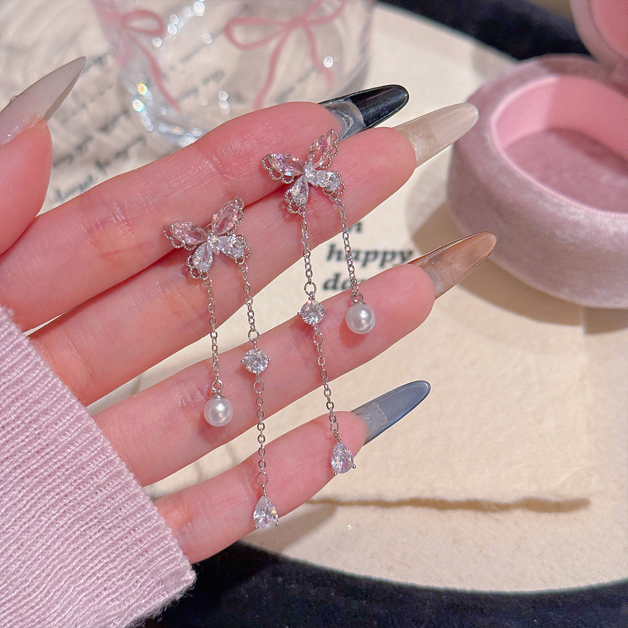 Custom Butterfly Pearl Tassel Drop Earrings, Luxury Niche S925 Sterling Silver Studs