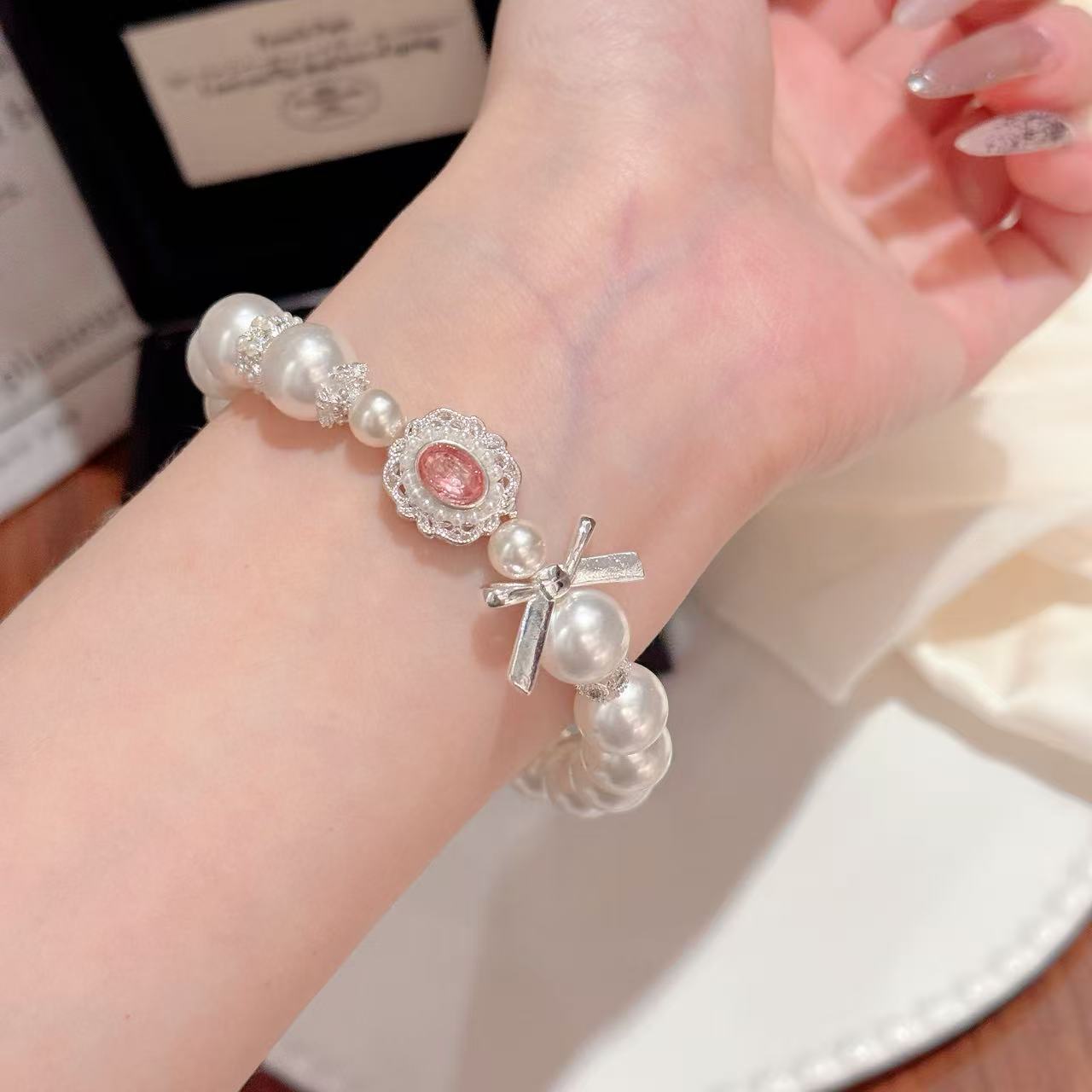 Bowknot Bracelet with Shell & Aquamarine Pearl, Luxury Dainty All-match Beaded Jewelry Popular on Redbook