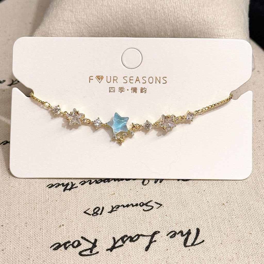 Aquamarine Beaded Bracelet, Luxury Versatile Niche Wrist Jewelry, Star Design Fashion Bracelet Trendy Japanese Korean Style for Women