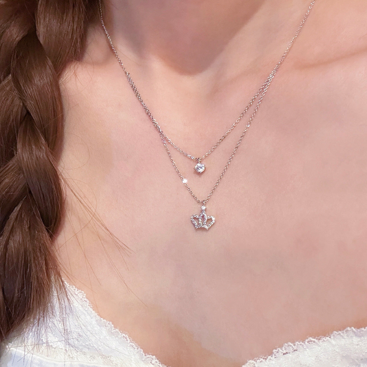 Princess Style Shiny Crown Double Layer Necklace, Luxury Dainty All-match Clavicle Chain Elegant Daily Jewelry