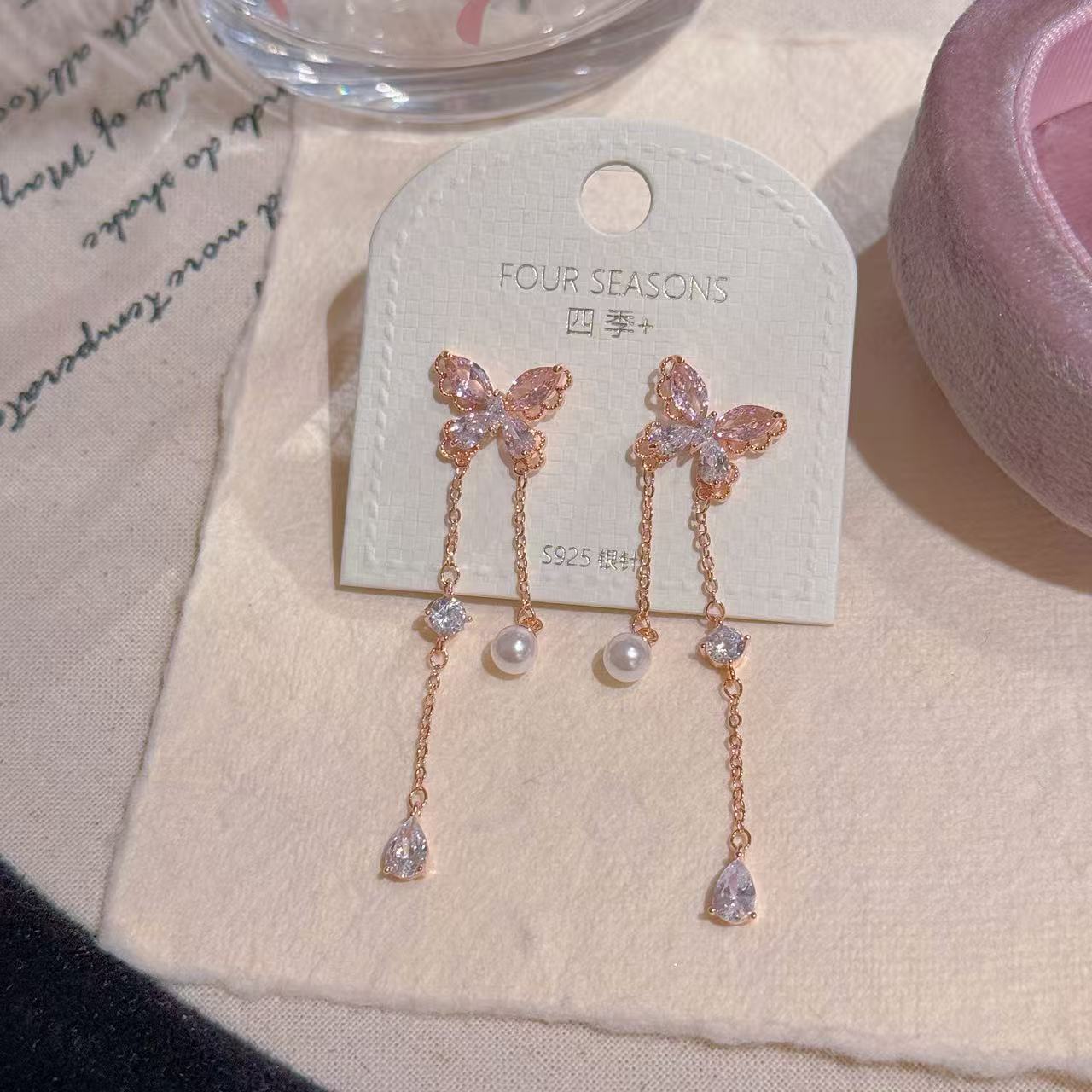 Custom Butterfly Pearl Tassel Drop Earrings, Luxury Niche S925 Sterling Silver Studs