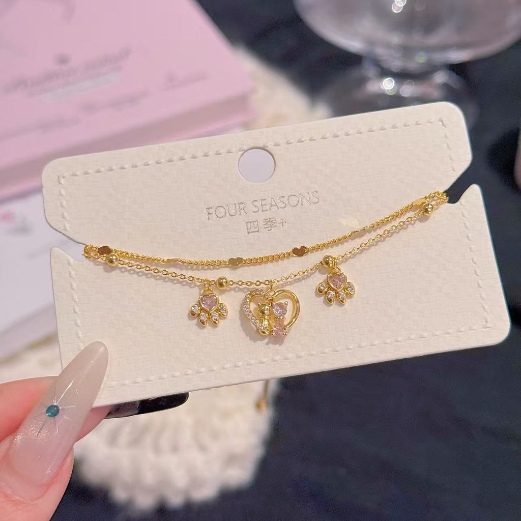 Sweet Cat Themed Double Chain Bangle, Lovely Heart Paw Design, Premium Fashion Wrist Accessories