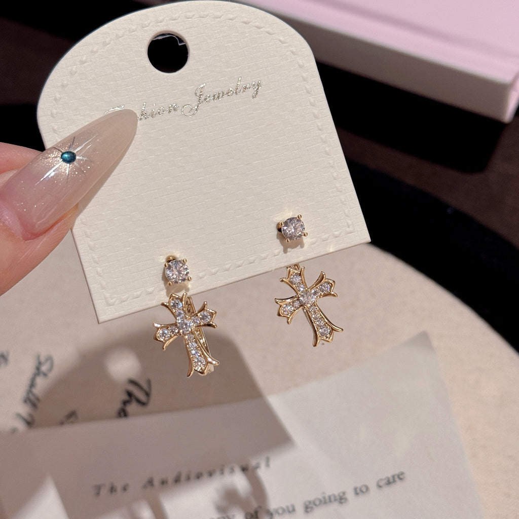 Vintage Cross Stud Earrings, S925 Silver Full Shining Zircon Earrings, Luxury High-grade Delicate Versatile Ear Jewelry