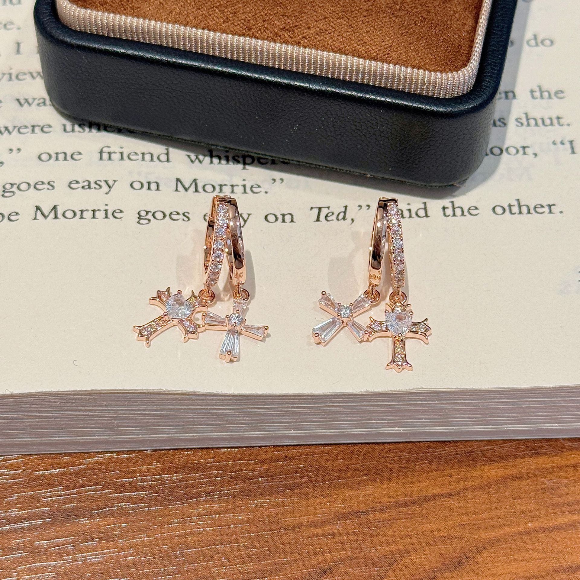 Luxury Bling Double Cross CZ Hoop Earrings Trendy Ladies Daily Earring