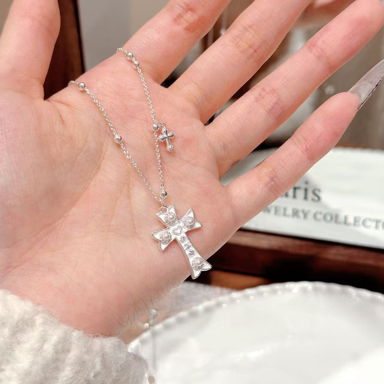 Luxury Heart & Cross Cubic Zirconia Necklace, Dainty Elegant All-Match Stackable Choker Jewelry