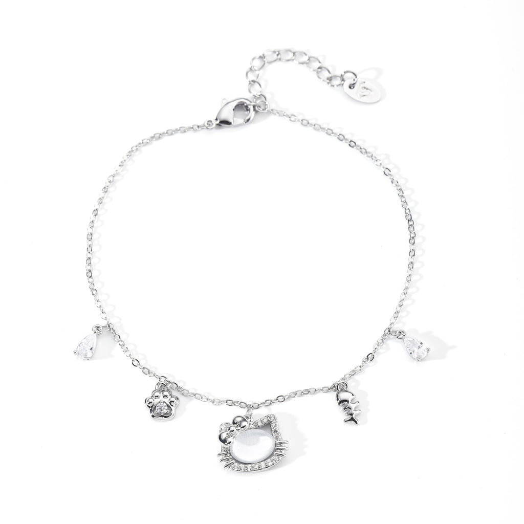 Cute Cat Charm Bracelet for Women, Dainty Korean Minimal Cubic Zirconia Bangle, Niche Luxury Sweet Daily Versatile Hand Jewelry