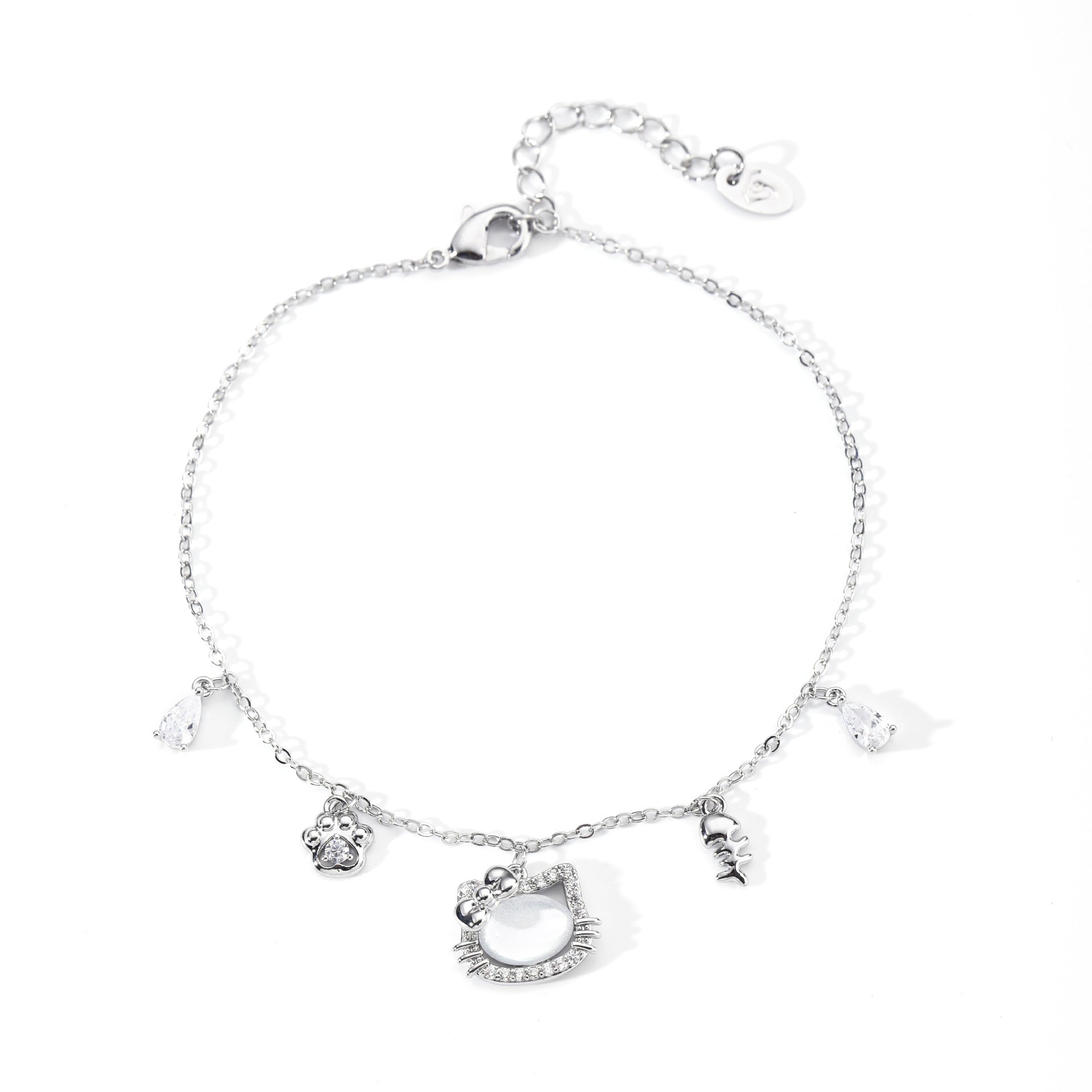 Cute Cat Charm Bracelet for Women, Dainty Korean Minimal Cubic Zirconia Bangle, Niche Luxury Sweet Daily Versatile Hand Jewelry