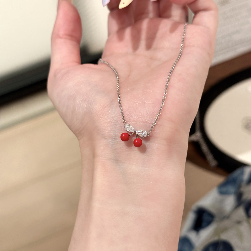 Red Cherry Necklace and Earrings Jewelry Set, Niche Luxury Elegant Clavicle Chain, Exquisite Temperament Fashion Accessories Set for Women