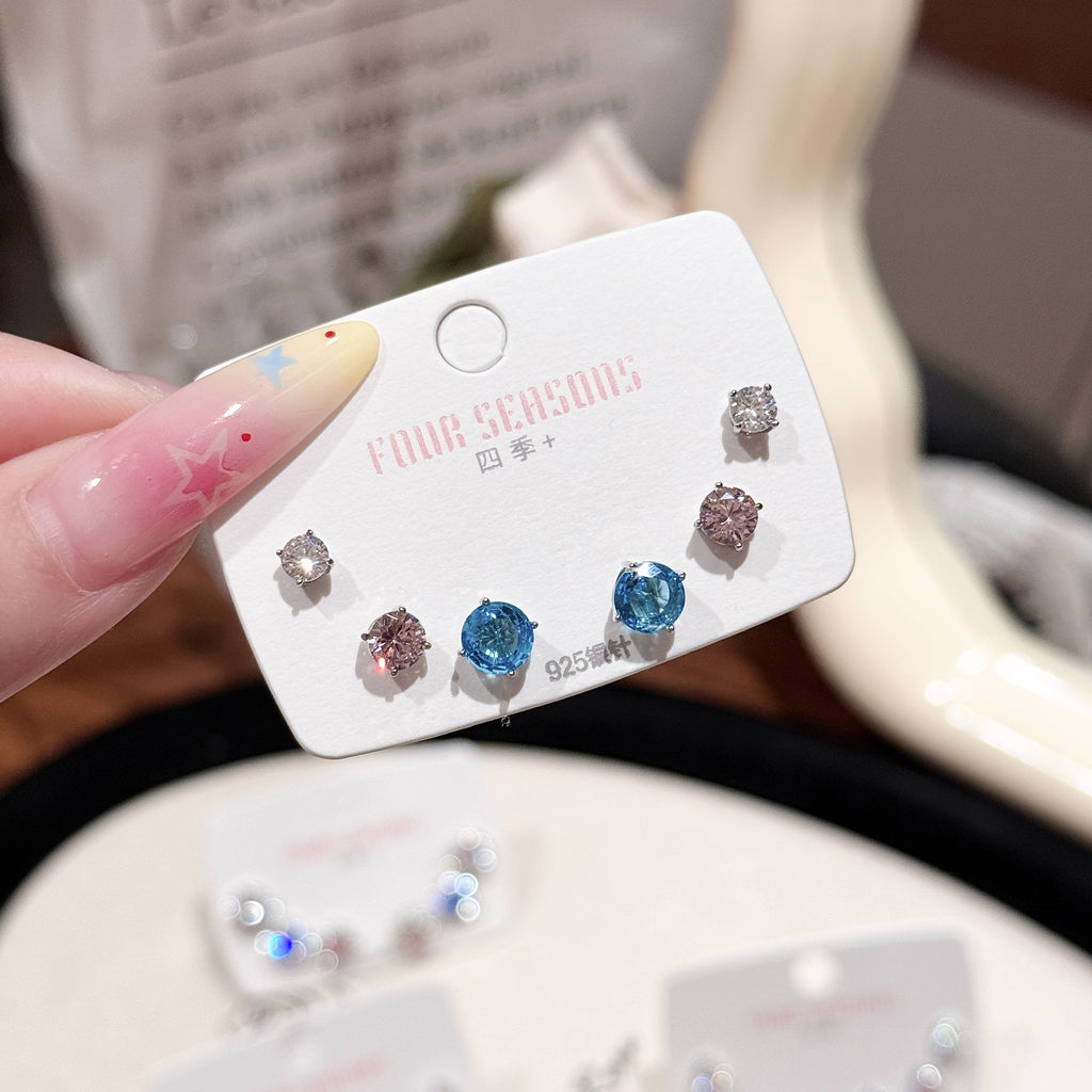 Women 3 Pairs Bling Bling Crystal Ear Studs Colorful Simple Style Silver Needle Ear Piercing Accessories Ear Healing Earrings Set