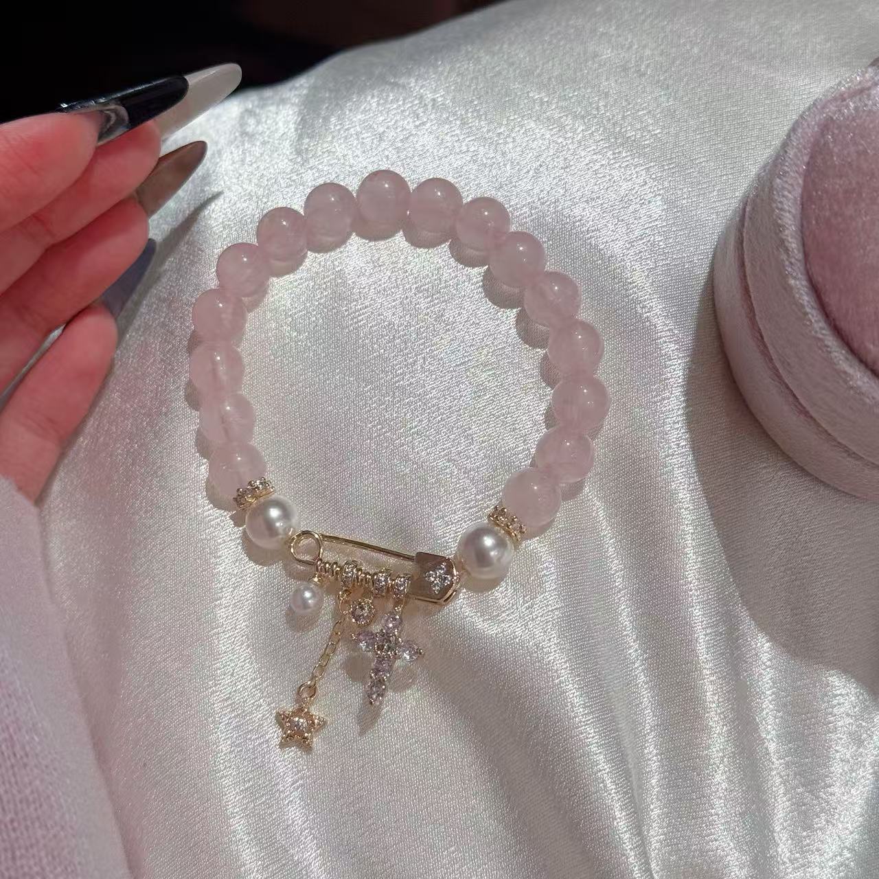 Pearl Safety Pin Bracelet with Cross Star Pendant, Luxury Niche Elegant Wrist Jewelry, Exquisite All-match Temperament Bracelet