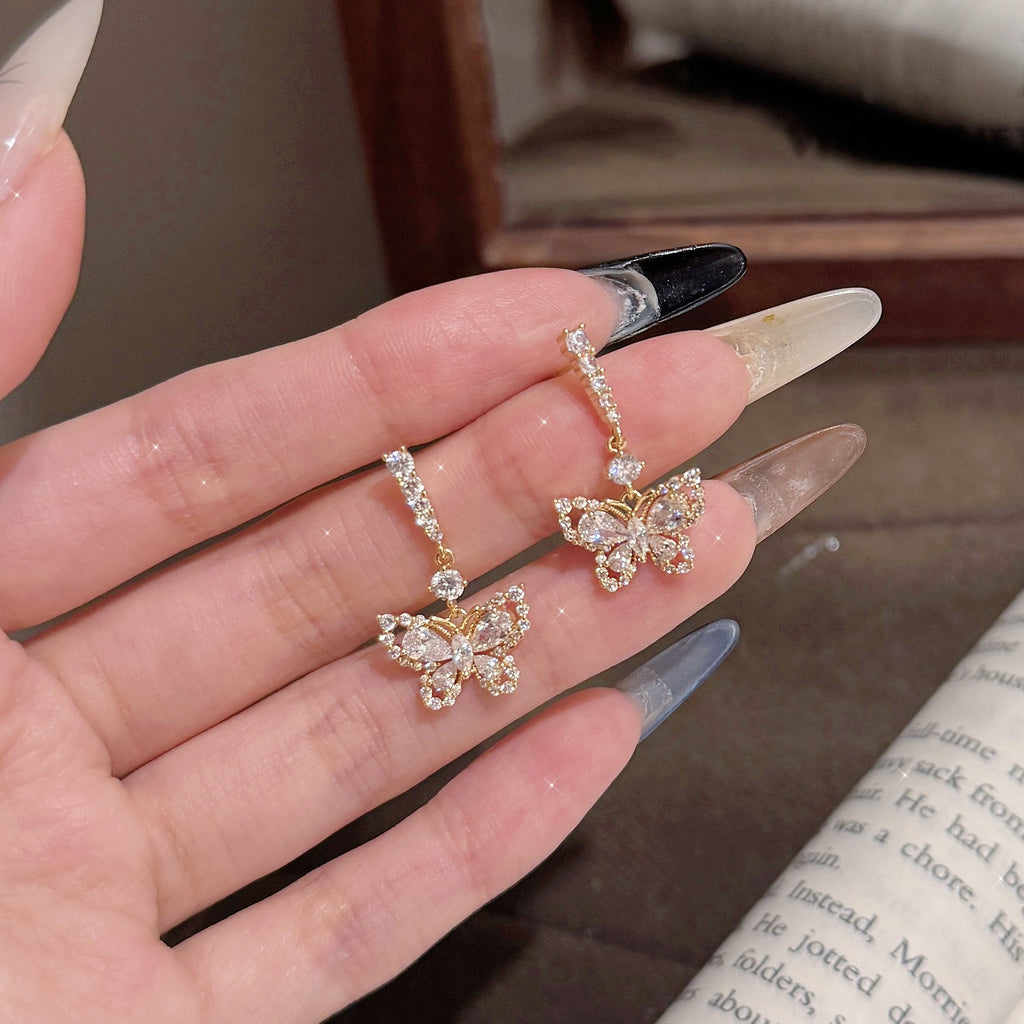 S925 Silver Hollow Butterfly Earrings, Elegant Fairy Style Daily Ear Studs
