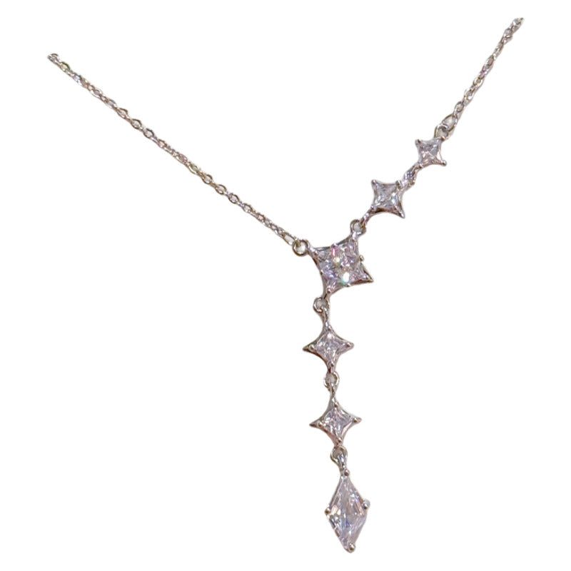 Geometric Diamond Tassel Pendant Necklace, Niche Designer Luxury Clavicle Chain, Dainty Cool Tone Elegant Necklace