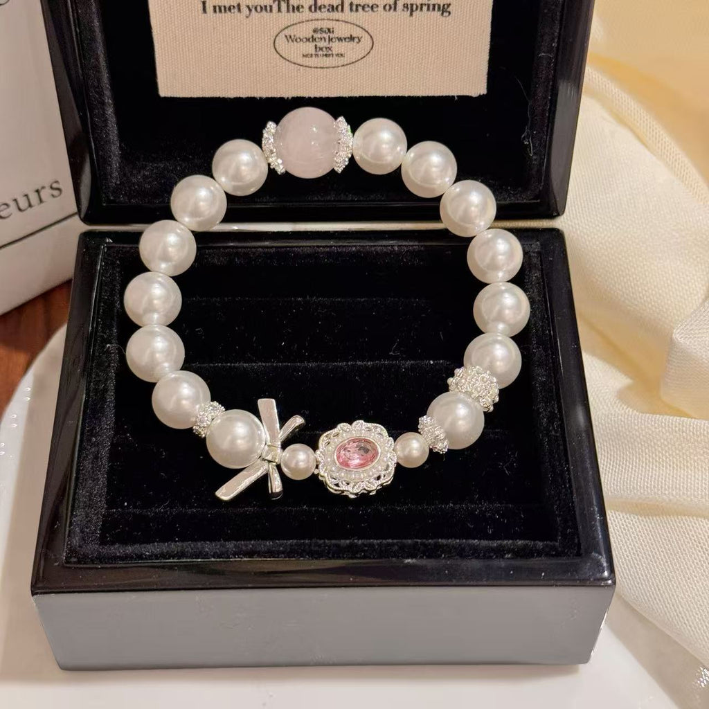 Bowknot Bracelet with Shell & Aquamarine Pearl, Luxury Dainty All-match Beaded Jewelry Popular on Redbook