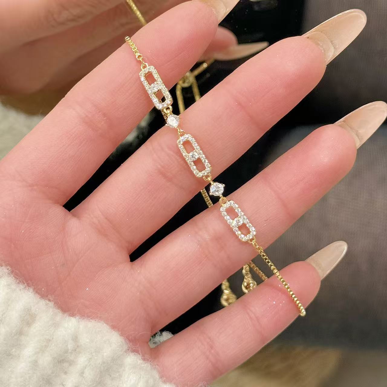 Link Chain Sparkling Cubic Zirconia Bracelet, Niche Designer Luxury Elegant All-Match Office Commute Wrist Jewelry for Women