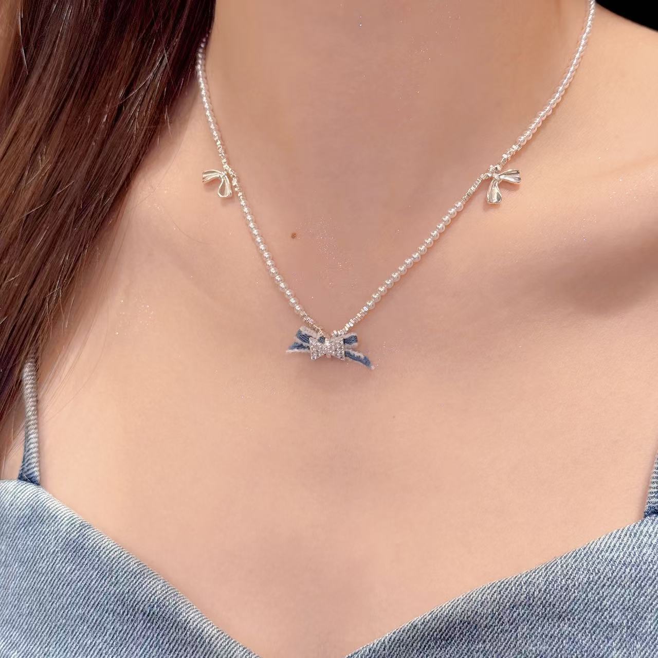 Autumn Winter Fashion Accessories Denim Bow Earrings Star Moon Earrings, Exquisite High-end Versatile Earrings & Matching Necklace Jewelry Set for Women
