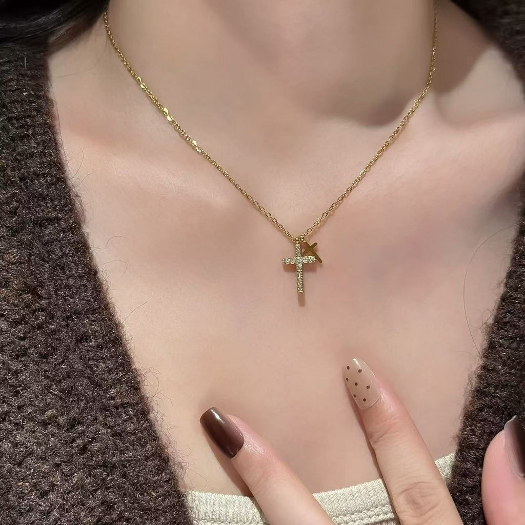 Hot Sale Double Cross Pendant Clavicle Necklace, Luxury Elegant Trendy Fine Jewelry for Women