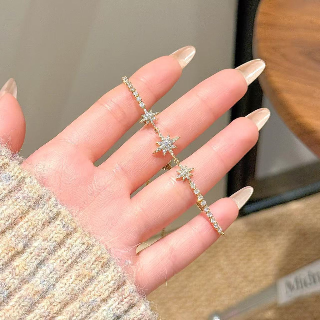 Six Pointed & Eight Pointed Star Cubic Zirconia Bracelets for Women, Korean Style Luxury Sparkling Dainty Versatile Daily Fine Wrist Jewelry