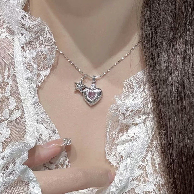 Red Zircon Heart Star Necklace, Elegant Trendy Daily Women Pendant Necklace