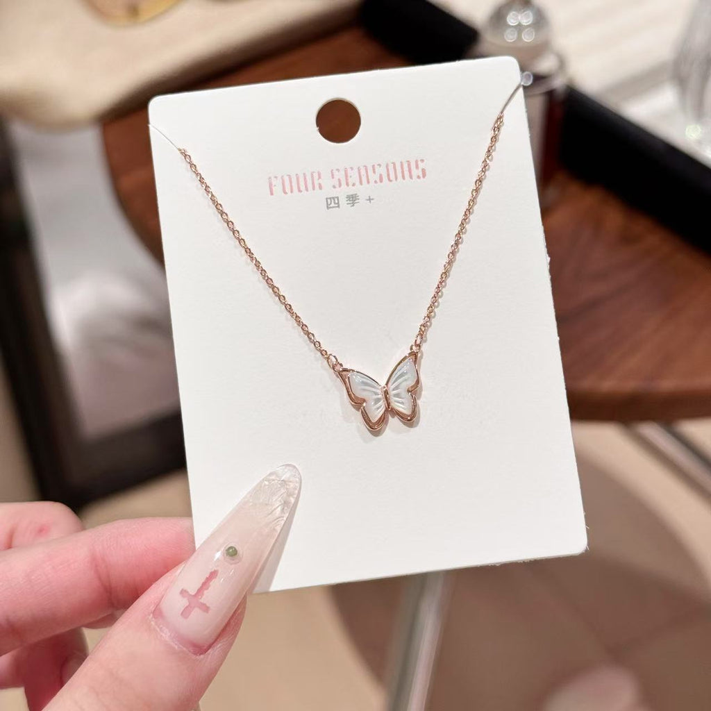 Boho European Korean Style Natural Shell Butterfly Pendant Necklace for Women, Niche Luxury Dainty Trendy INS Popular Versatile Collarbone Fine Jewelry