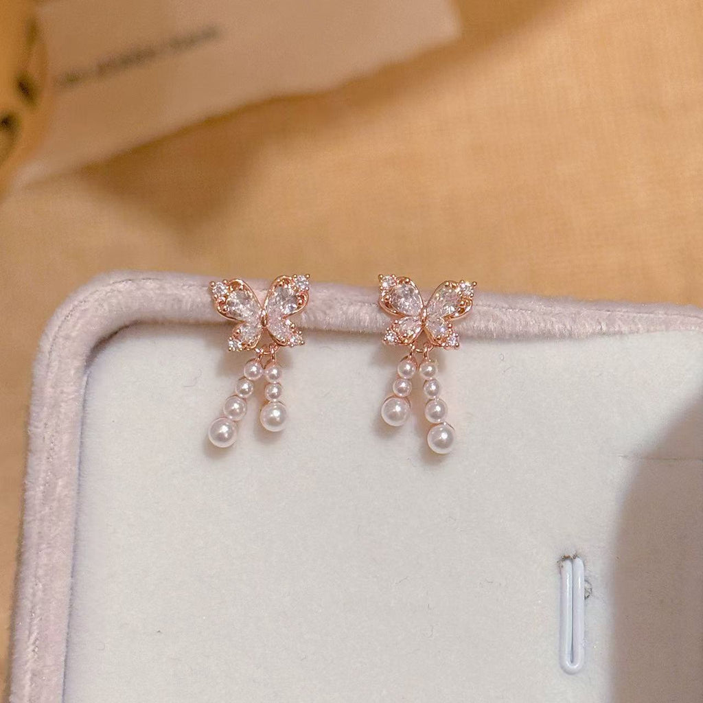 Butterfly Pearl Stud Earrings, S925 Sterling Silver Posts, Fresh Sweet Elegant Luxury Dainty All-match Earrings