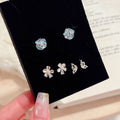 3 Pairs Blue Flower & Butterfly Stud Earrings Set, Luxury Cool Tone Dainty Earrings, Sweet All-match Daily Jewelry