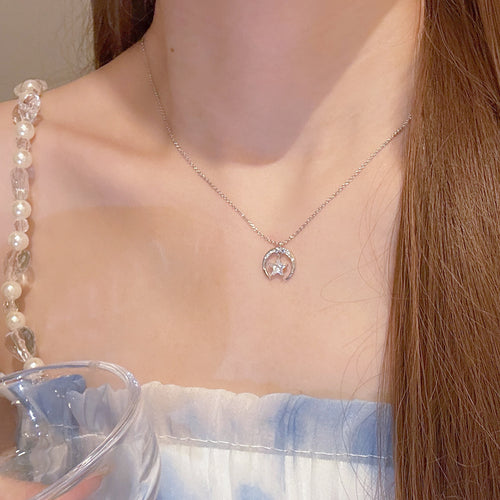 Crescent Moon Star Pendant Necklace Dainty Minimalist Clavicle Chain, Elegant Sweet Tiny Star Moon Choker for Daily Wear Jewelry Gift