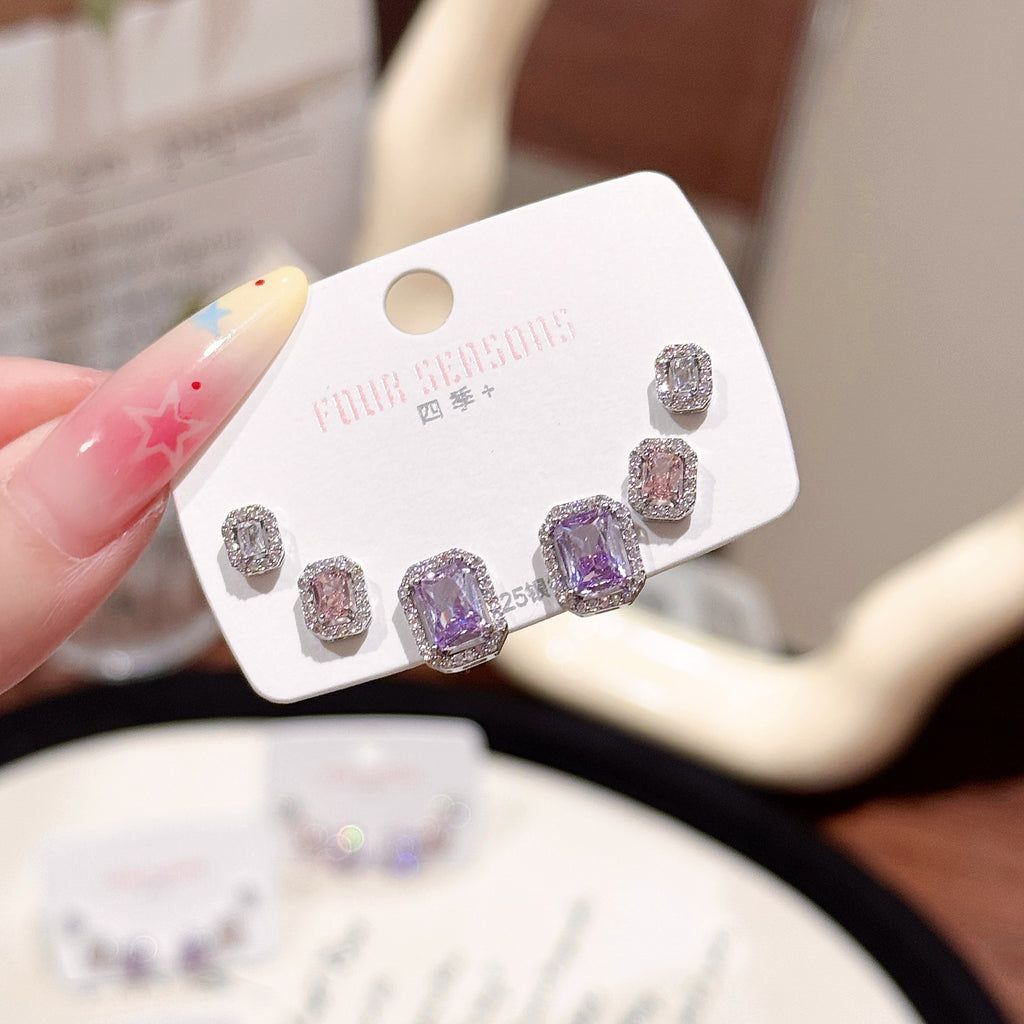 Women 3 Pairs Bling Bling Crystal Ear Studs Colorful Simple Style Silver Needle Ear Piercing Accessories Ear Healing Earrings Set