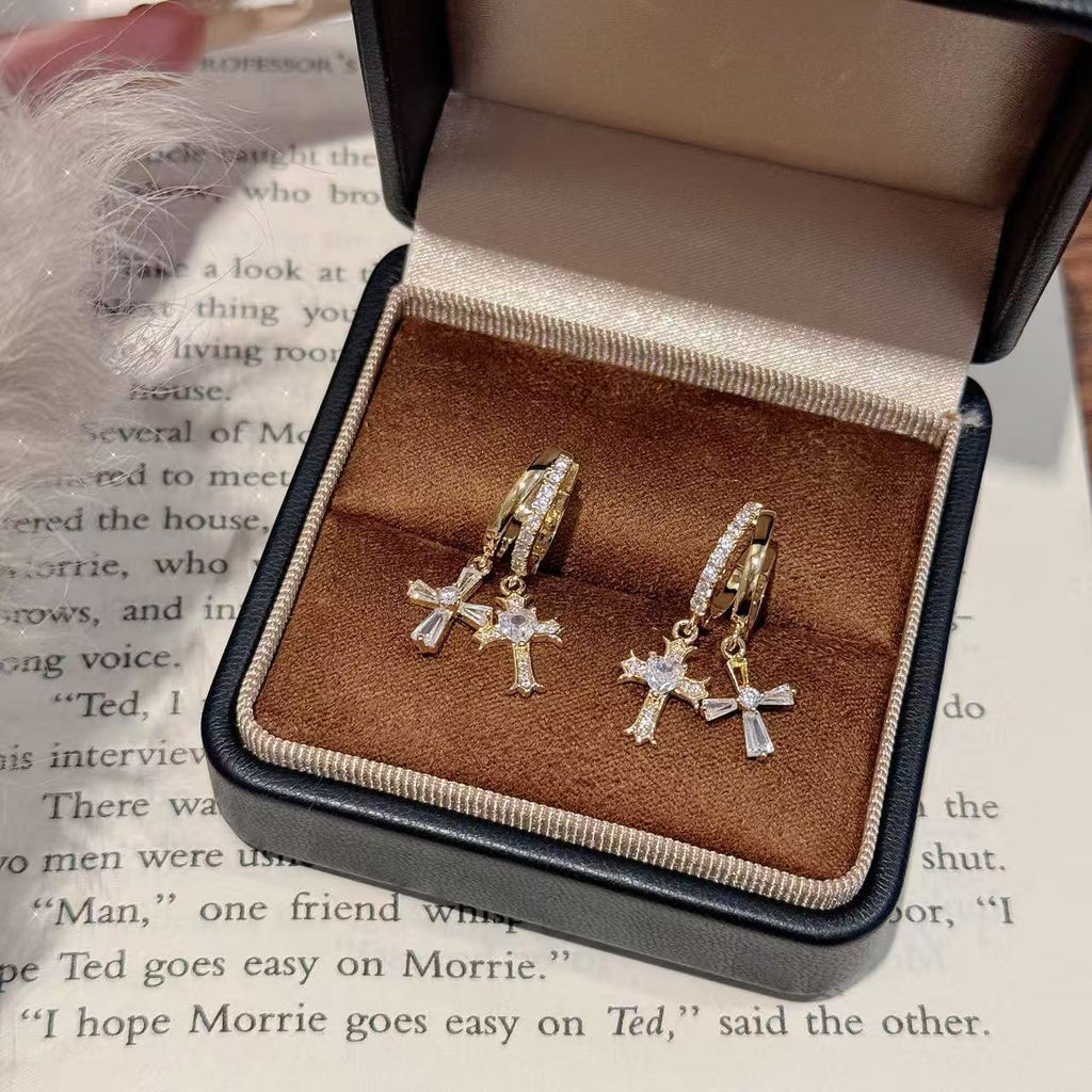 Luxury Bling Double Cross CZ Hoop Earrings Trendy Ladies Daily Earring