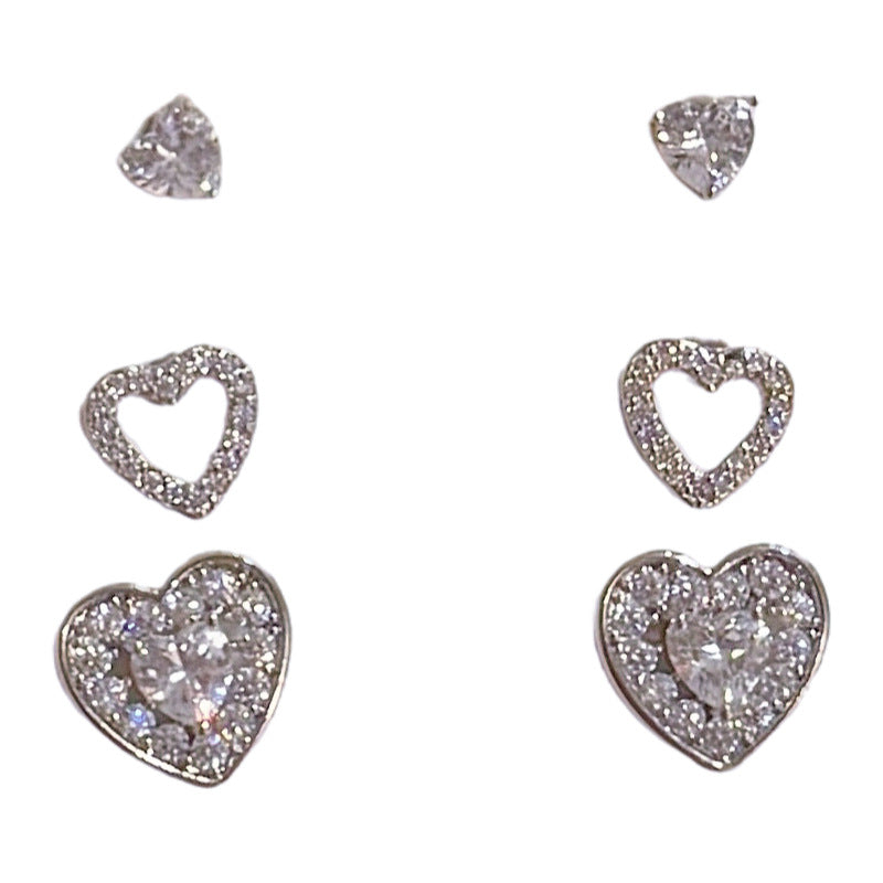 3 Pairs Korean Japanese Sweet Heart Stud Earrings Set for Women, Minimal Luxury Dainty Gentle Versatile High-End Daily Ear Jewelry Pack