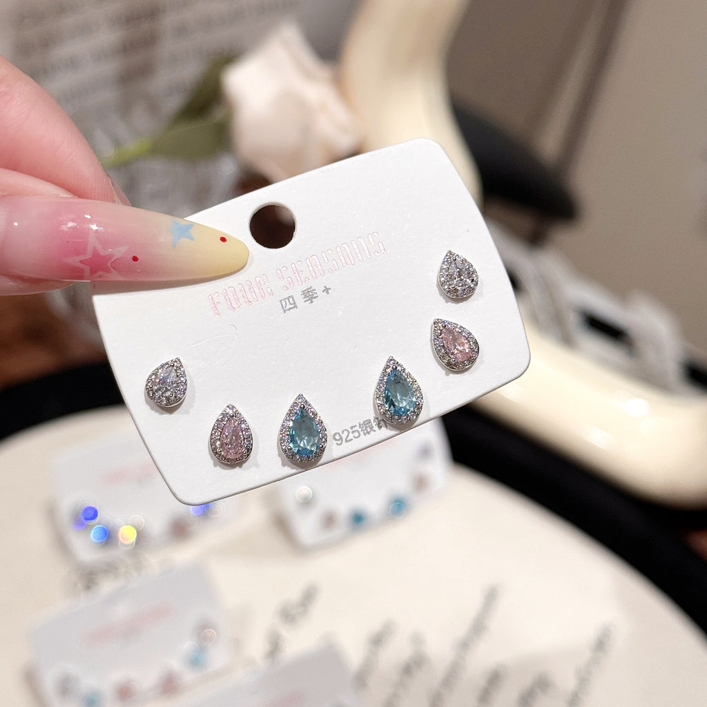 Women 3 Pairs Bling Bling Crystal Ear Studs Colorful Simple Style Silver Needle Ear Piercing Accessories Ear Healing Earrings Set