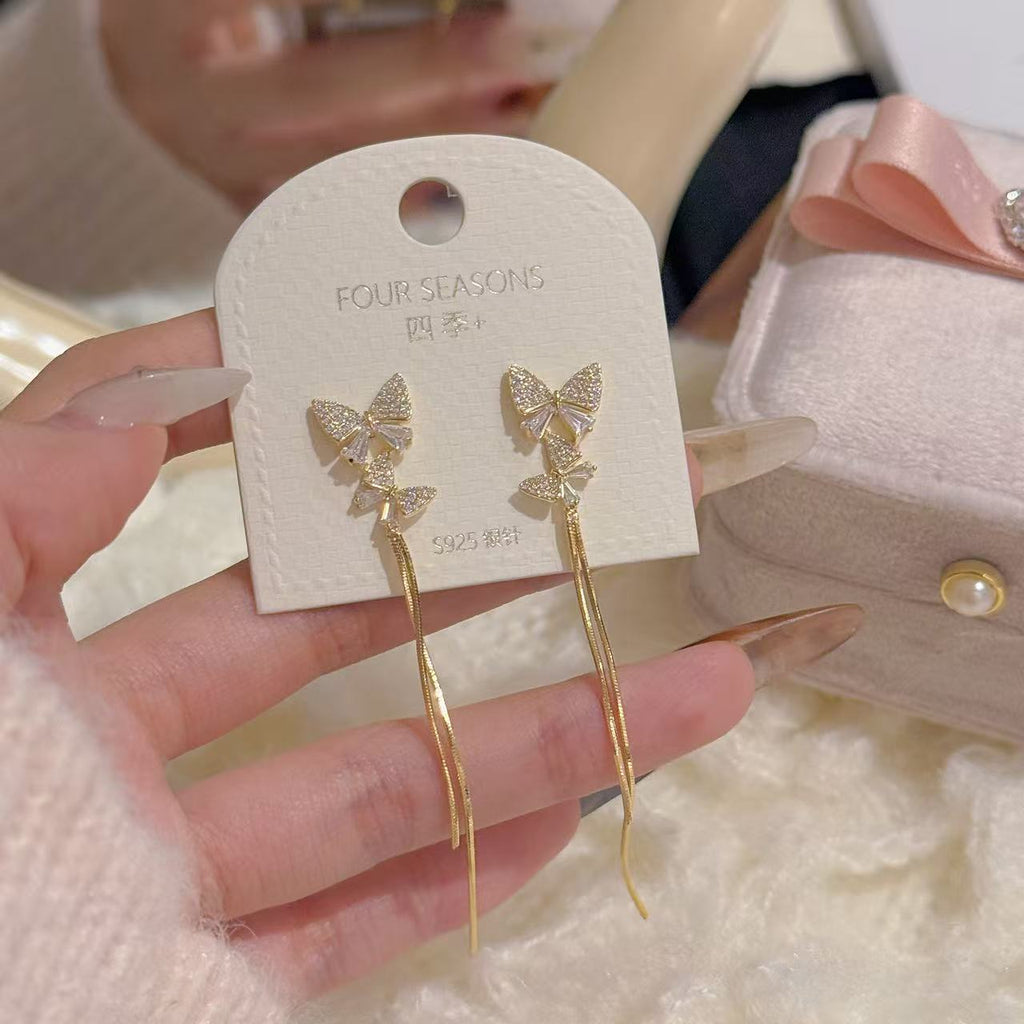 S925 Silver Double Butterfly Tassel Earrings Elegant Ladies Drop Studs