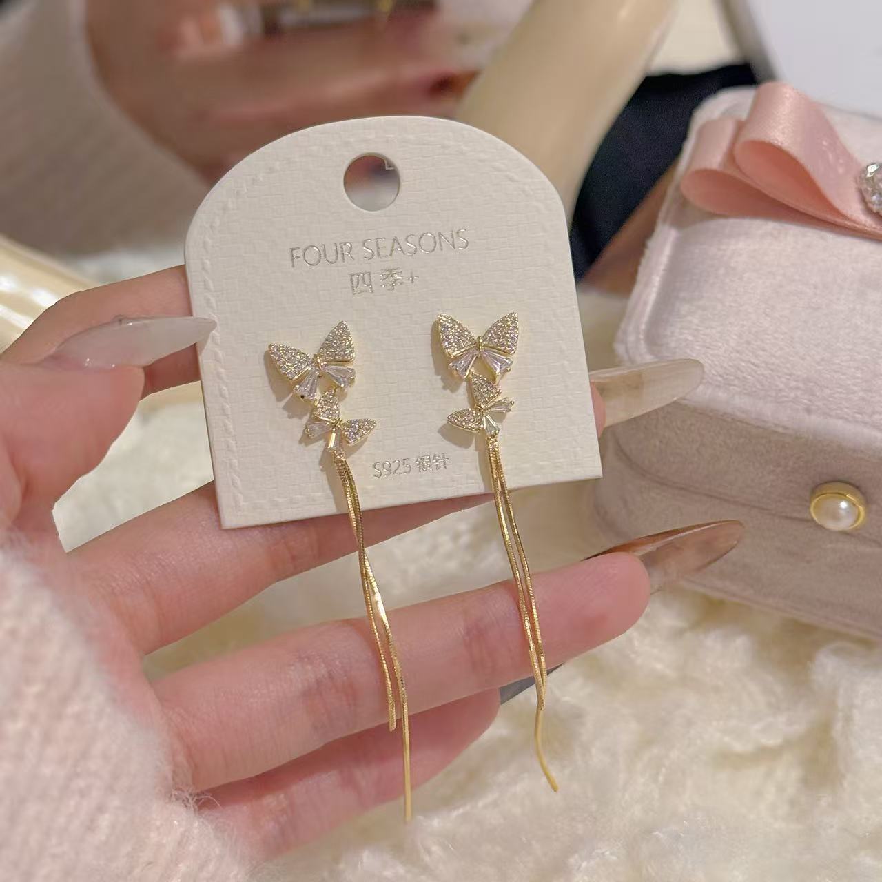 S925 Silver Double Butterfly Tassel Earrings Elegant Ladies Drop Studs