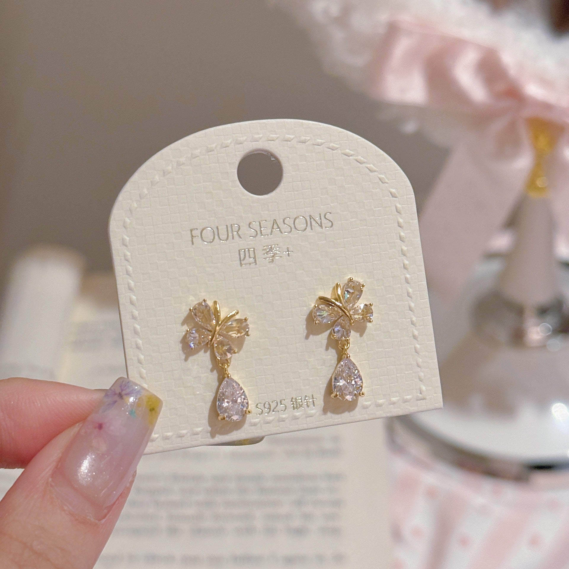 Butterfly Water Drop Dangle Earrings, S925 Sterling Silver Posts, Korean Style Luxury Dainty Elegant Drop Stud Earrings