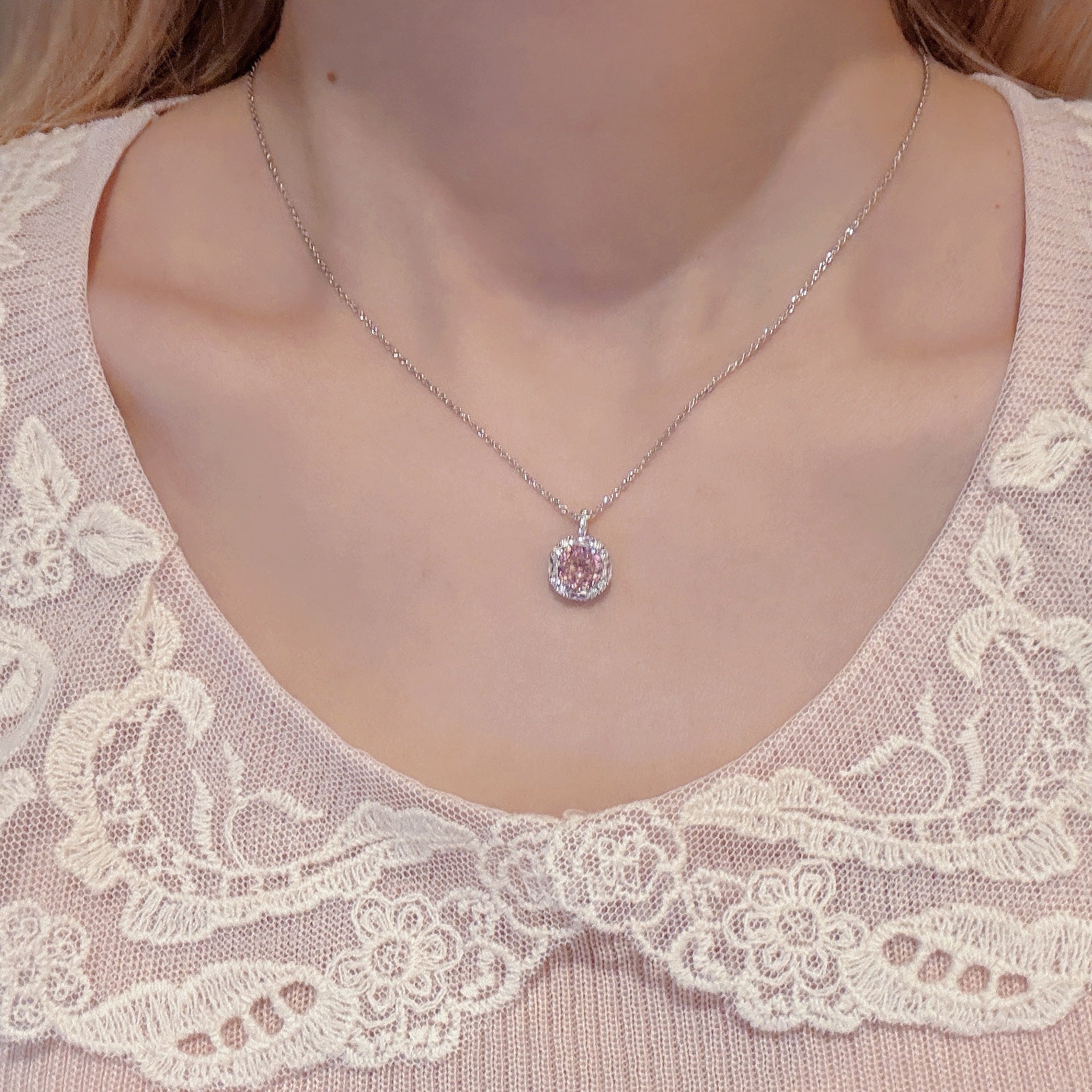 Sweet Pink CZ Cube Pendant Necklace Luxury Niche Everyday Clavicle Chain