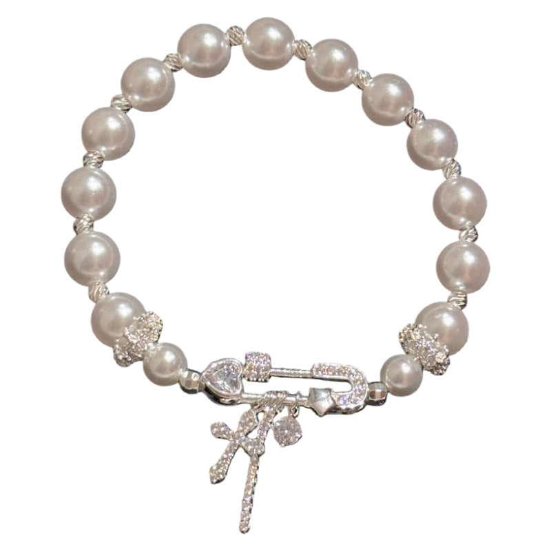 Paperclip & Cross Pearl Bracelet, Luxury Sweet Cool Versatile Women Daily Bracelet