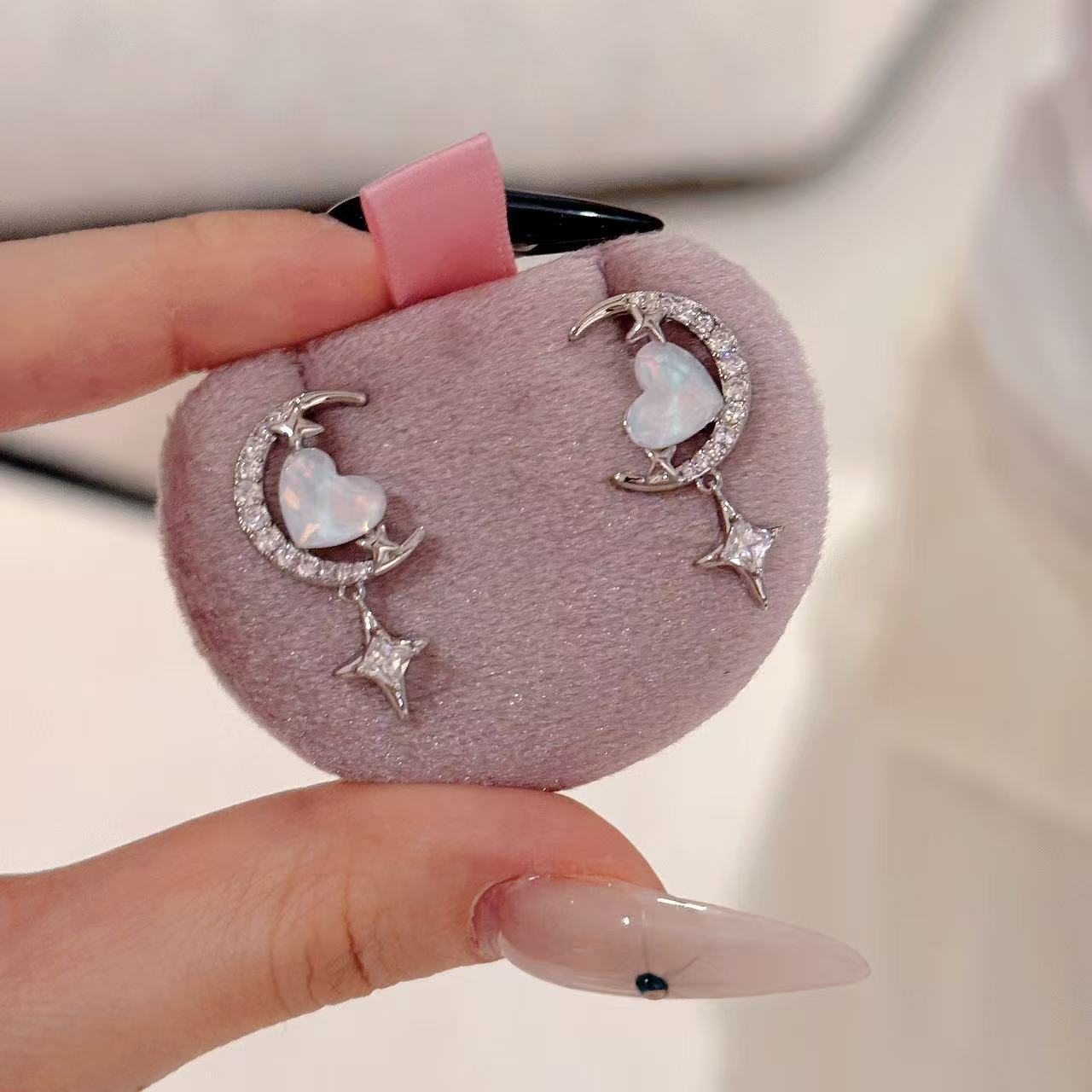 S925 Silver Fairy Moon Star Heart Earrings Luxury Ladies Daily Studs