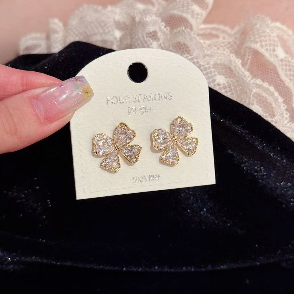 S925 Silver Fresh Sweet Bow Luxury Stud Earrings Ladies Fashion Ear Ornaments