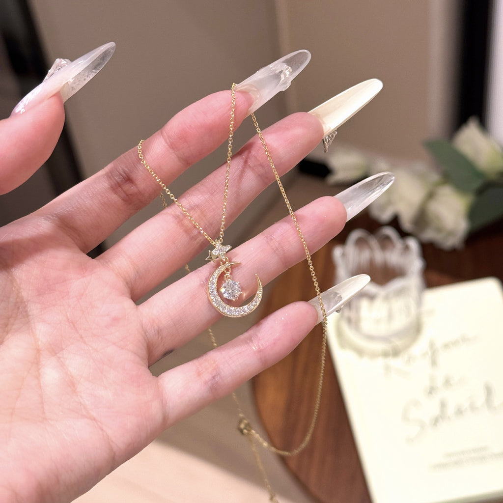 Custom Moon & Star Clavicle Necklace, Large Sparkling Zircon Pendant, Luxury Niche Fashion Jewelry