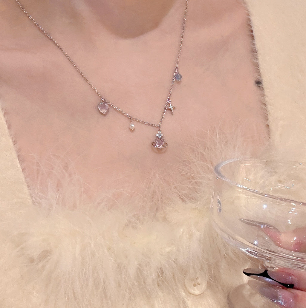 Pink Heart Ring Necklace, Luxury Niche Stylish Clavicle Chain, Sweet Girly Elegant Versatile Pendant
