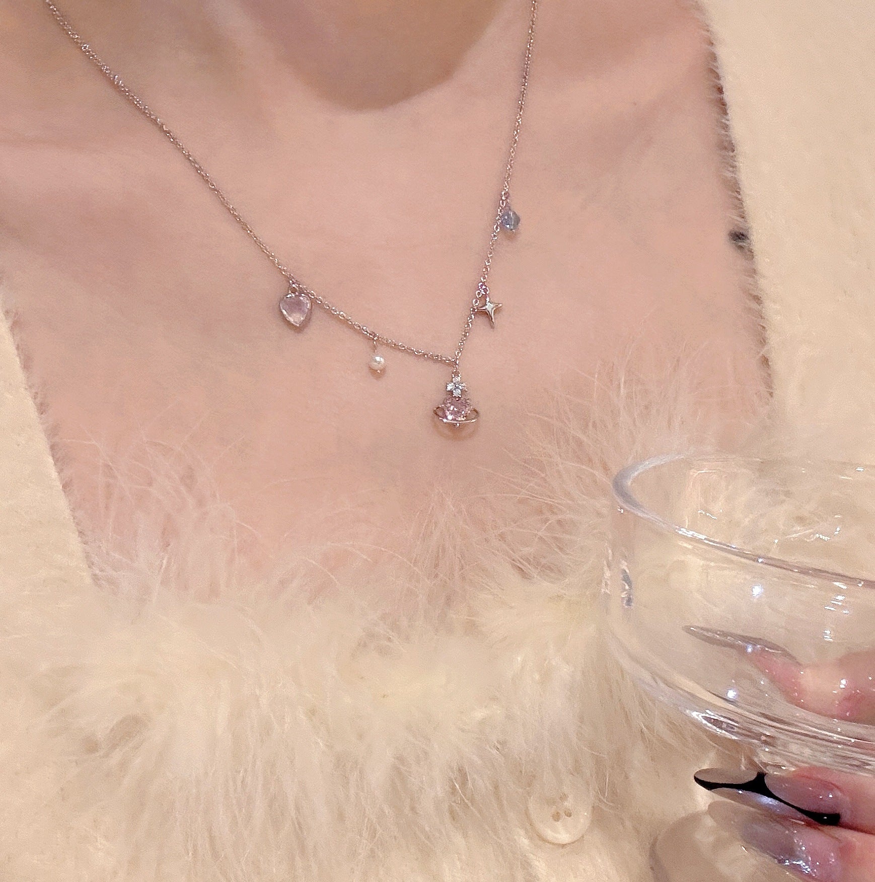 Pink Heart Ring Necklace, Luxury Niche Stylish Clavicle Chain, Sweet Girly Elegant Versatile Pendant