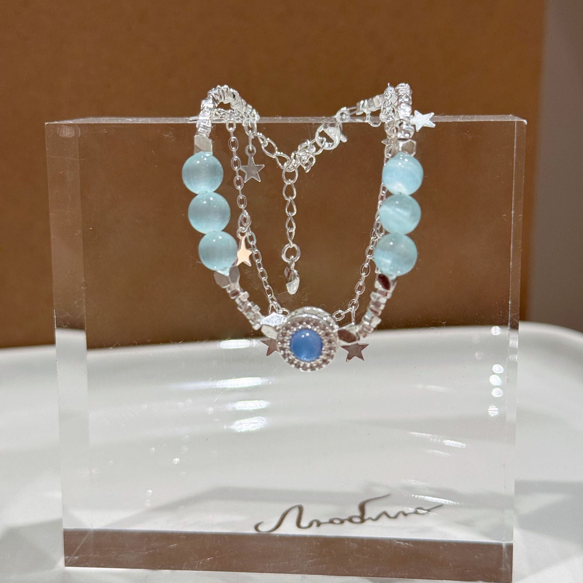 Aquamarine Cat Eye Stone Bracelet, Delicate Crushed Silver Temperament Women Daily Bracelet