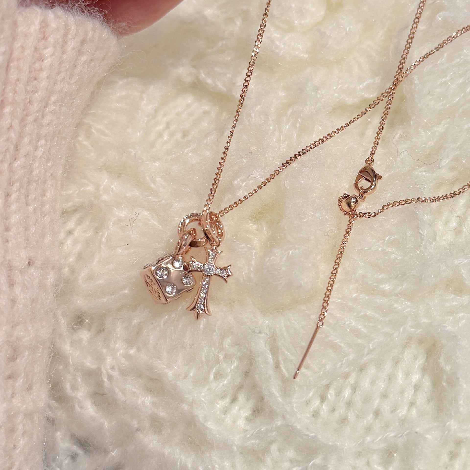 Cross Dice Pendant Necklace, Elegant Trendy Daily Neck Jewelry