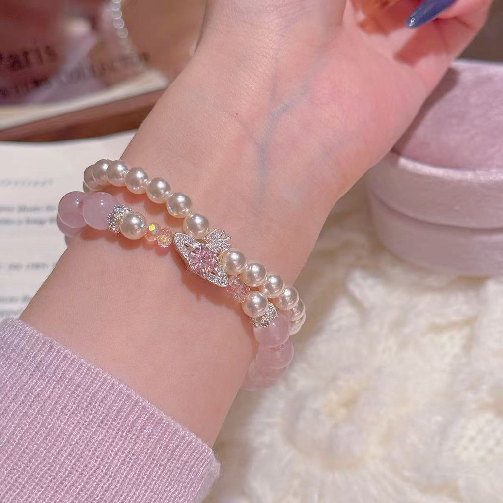 Pink Pearl Crystal Fashion Bracelet, Elegant Luxury Sweet Daily Women Bracelet