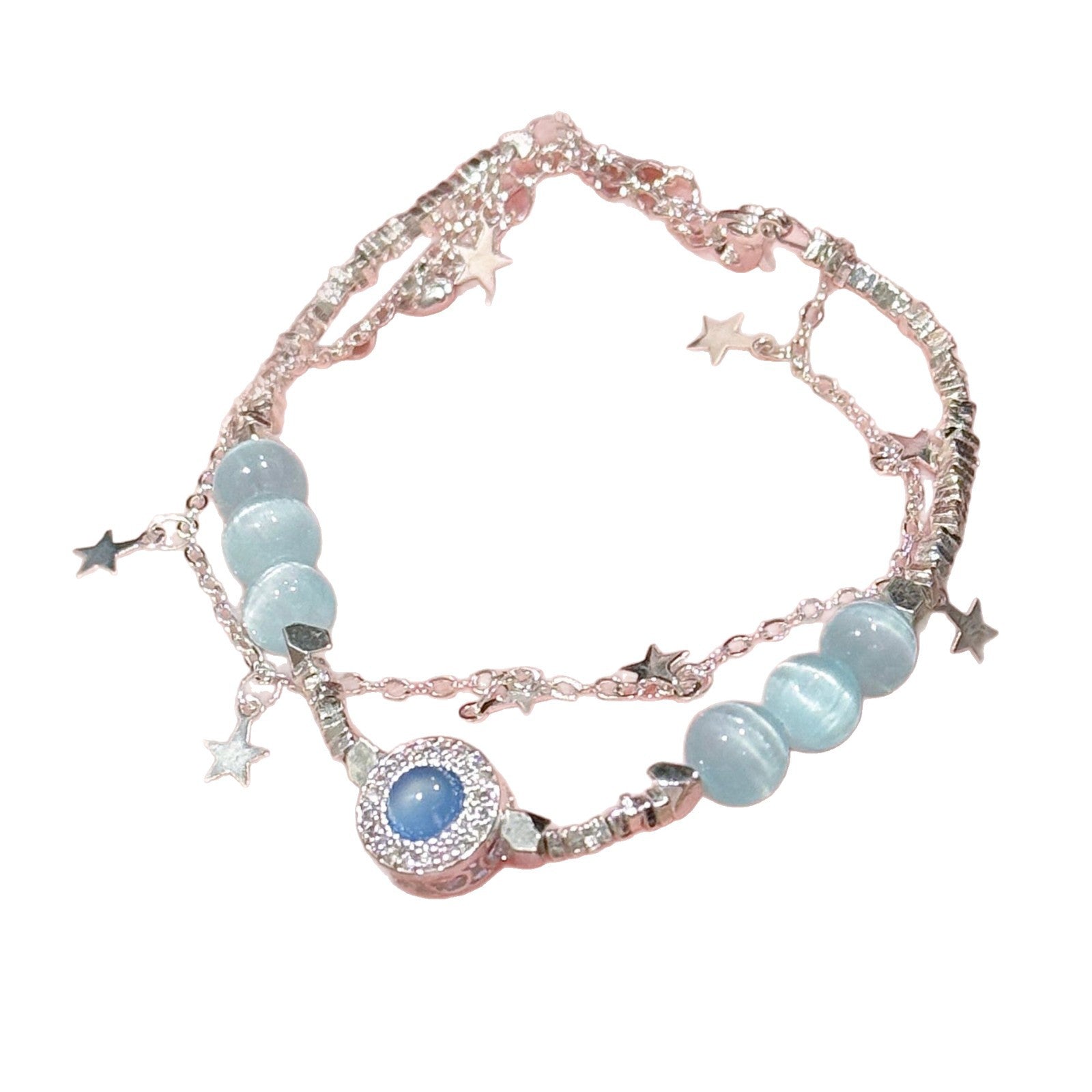 Aquamarine Cat Eye Stone Bracelet, Delicate Crushed Silver Temperament Women Daily Bracelet